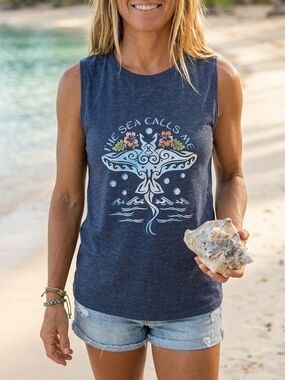 Unlisted Navy Graphic Muscle Tee with Sea Call Design